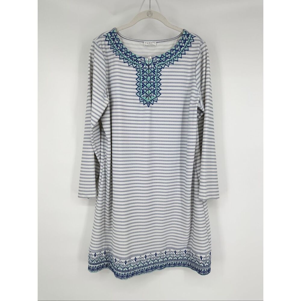 Cabana Life XL Blue White Stripe Embroidered Tunic Dress Swim Cover Up Beach Top